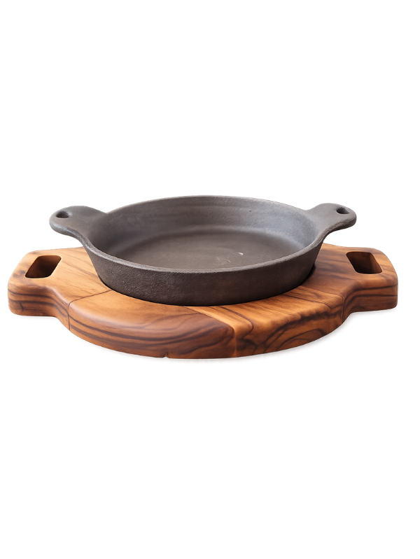 SARTÉN DE HIERRO CON BASE DE MADERA 27cm x 20.5cm TECA PERSONALIZADO